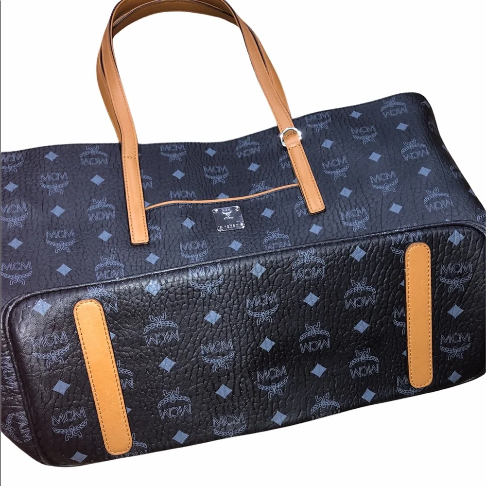 Black Patterned Tote Bag with Tan Handles